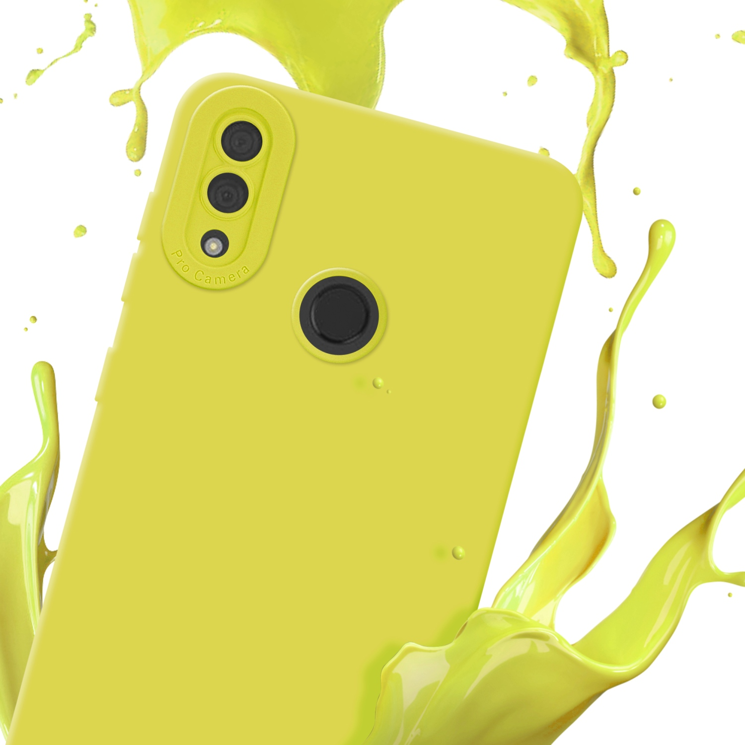 Une coque de téléphone jaune avec des éclaboussures de peinture jaune autour. Le téléphone n'est pas visible.