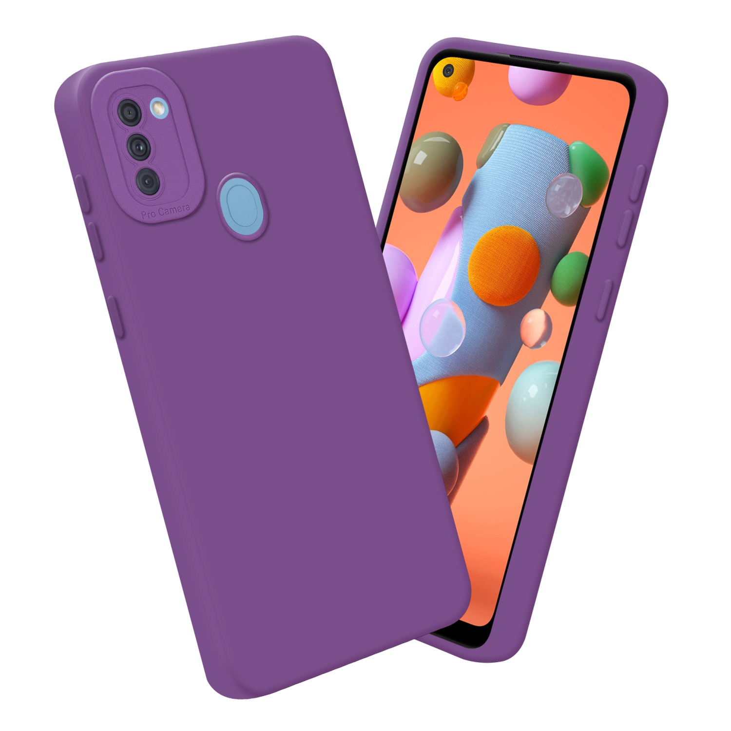 Custodia viola con tre fotocamere e telefono con immagini colorate.