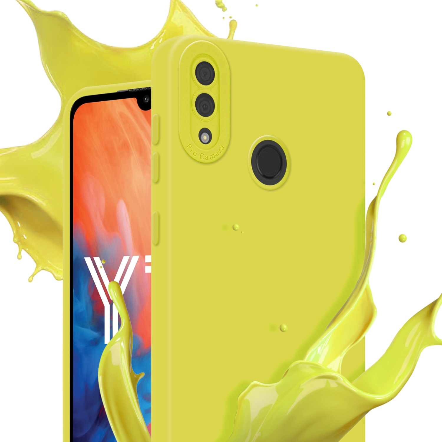 Coque de téléphone jaune avec éclaboussure jaune sur fond blanc et un téléphone avec écran.