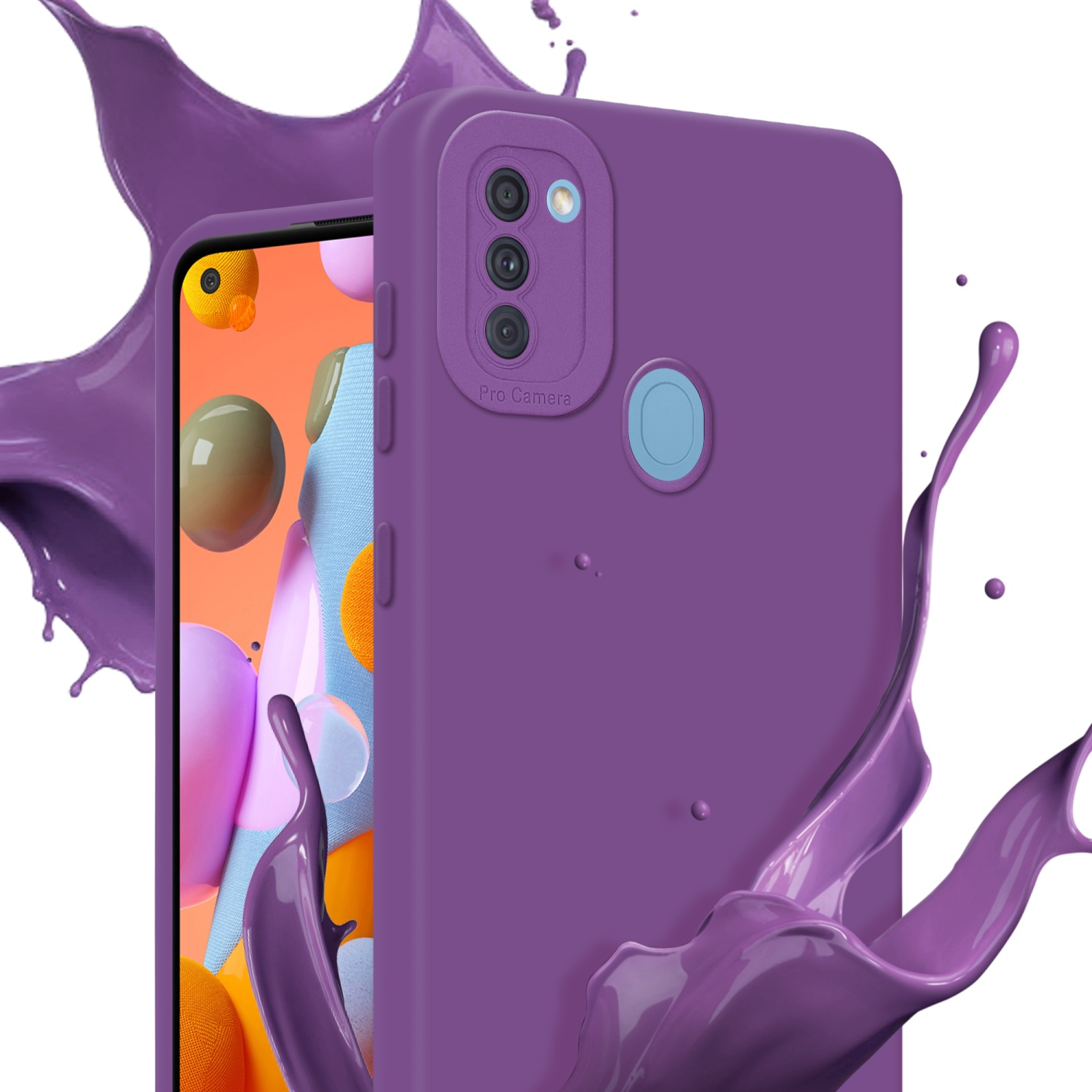 Custodia viola per telefono con telefono e schizzo viola. Pro Fotocamera sul retro.