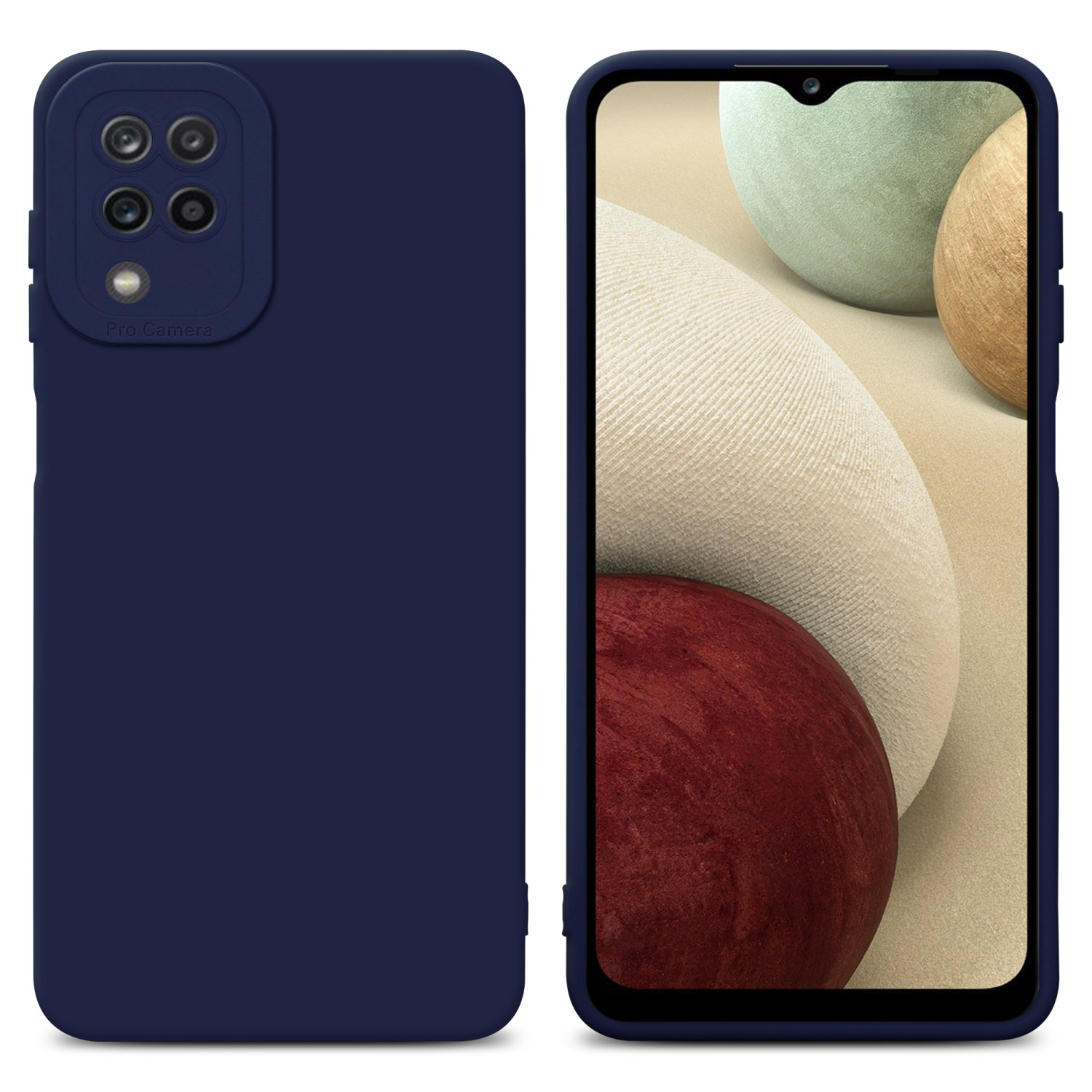 Custodia blu navy per telefono con fotocamera, telefono blu navy. Sfondo beige.