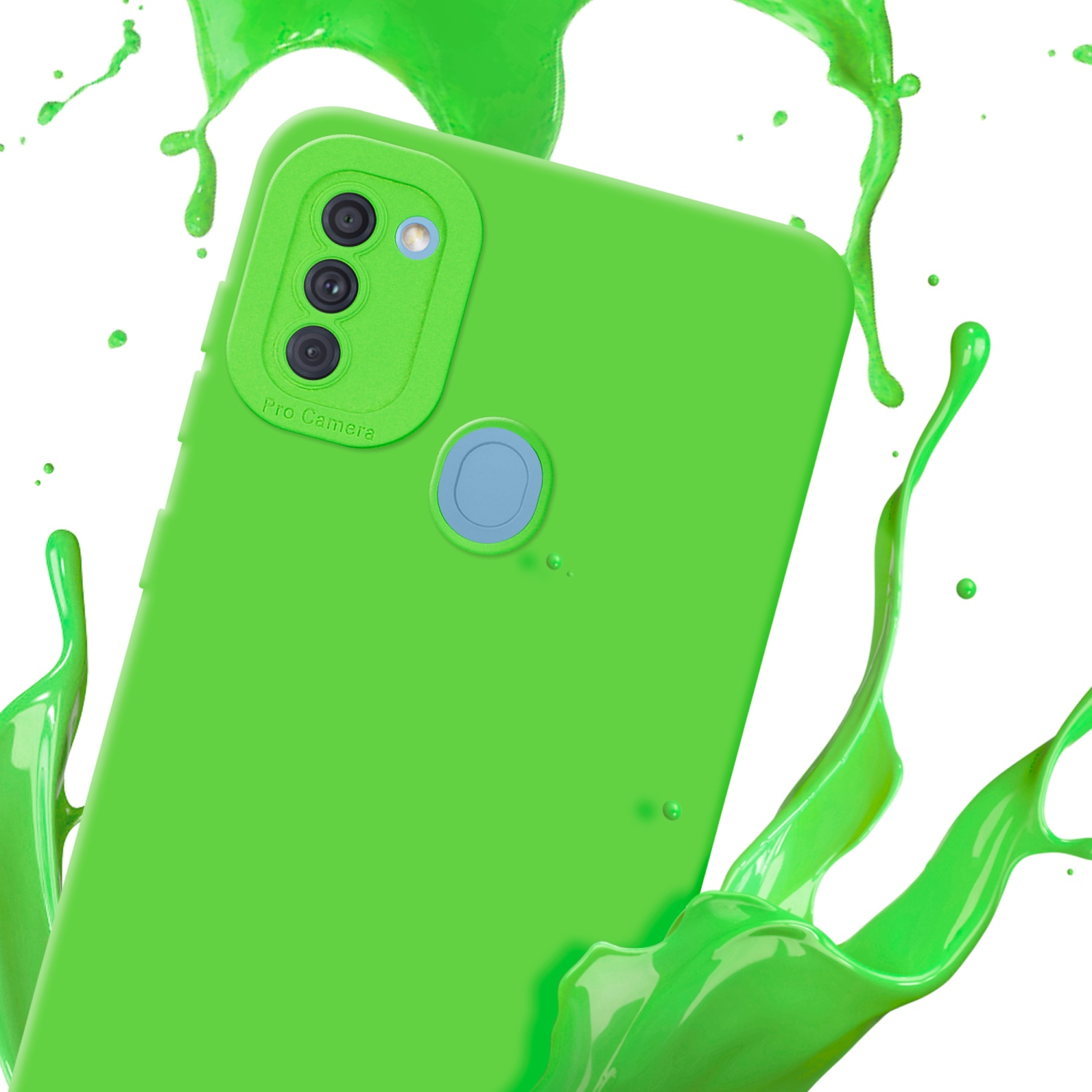 Una custodia per telefono verde con un rialzo per la fotocamera. Schizzo di vernice verde su sfondo bianco.