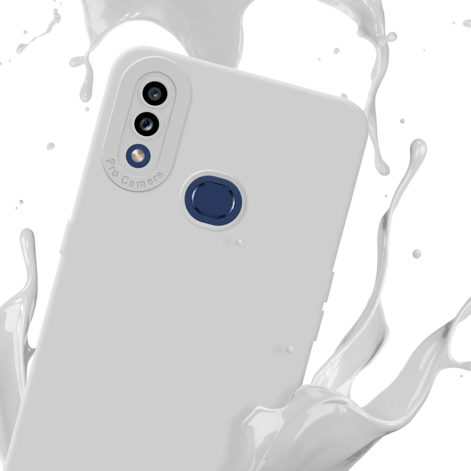 Una custodia bianca per telefono con modulo fotocamera e dettagli blu, effetto splash bianco.