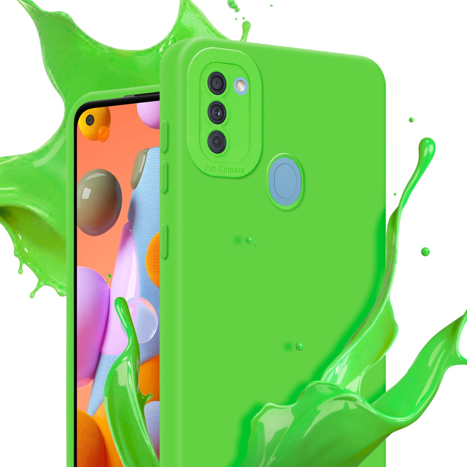 Custodia verde con schermo del telefono. Schizzo di vernice verde. Sfondo colorato.