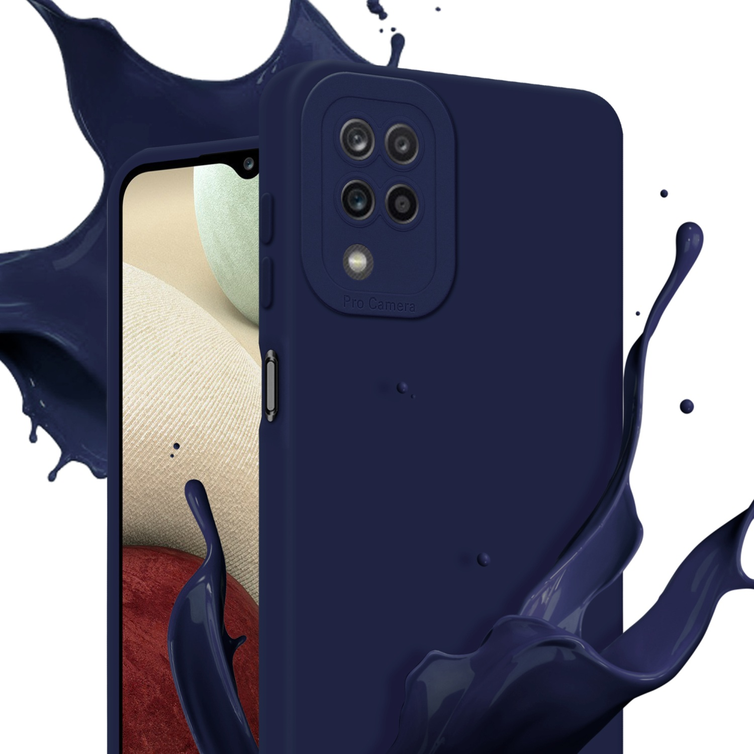 Custodia blu navy, spruzzo di liquido. Schermo del telefono visibile.