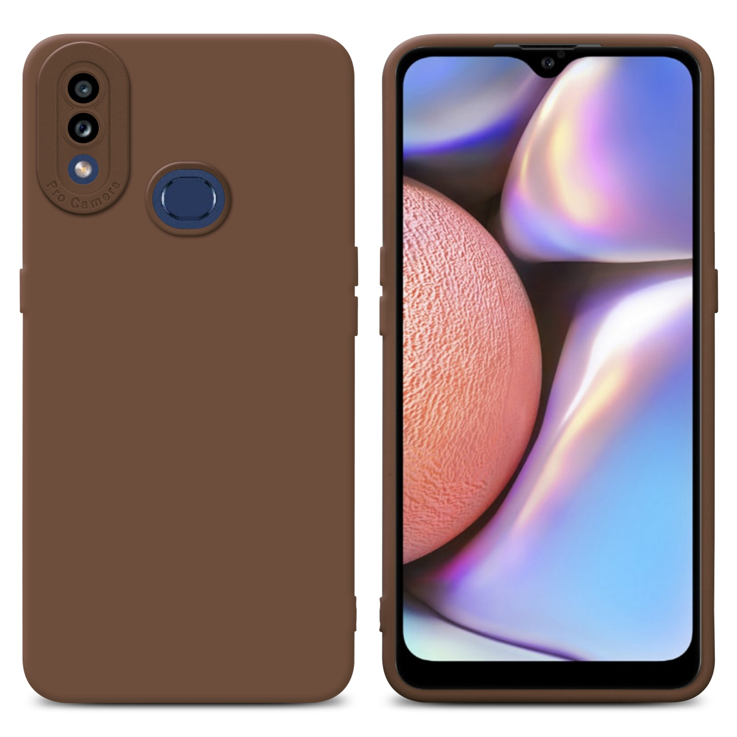 Due custodie marroni per telefono con schermo visibile. La custodia a sinistra ha la fotocamera.