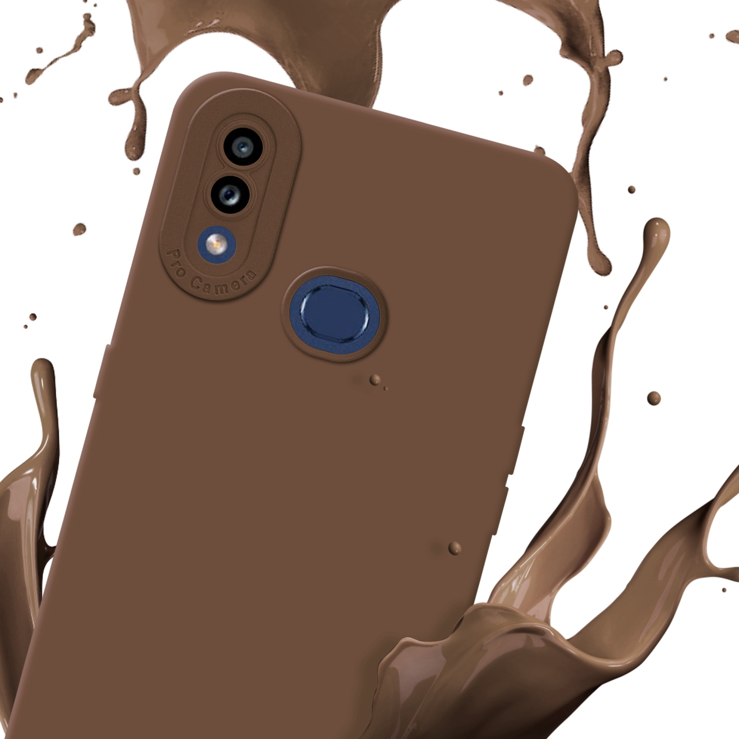 Custodia per telefono marrone con funzioni fotocamera mostrata con schizzo di liquido marrone su sfondo bianco.