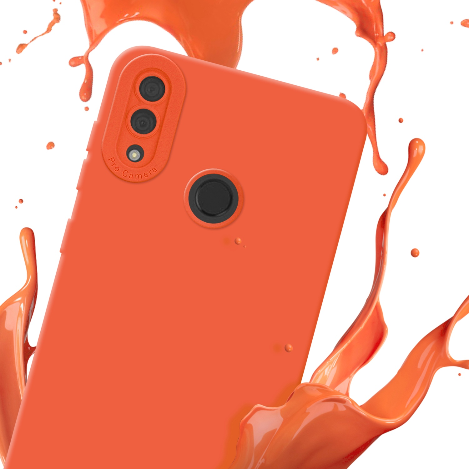 Coque de téléphone orange avec effet d'éclaboussure. La coque a trois caméras. Le fond est blanc avec de l'orange.