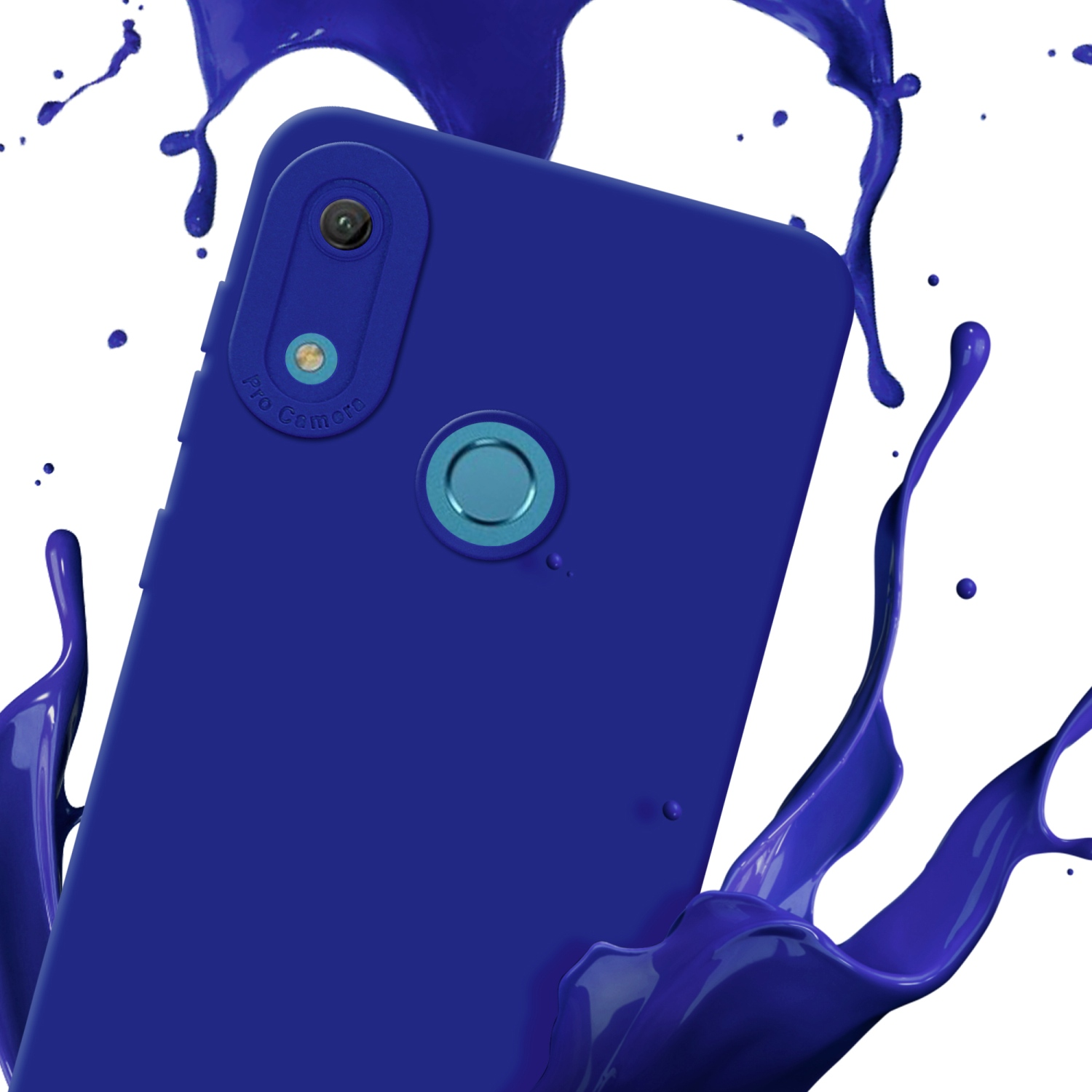 Coque de téléphone bleue avec un téléphone et des éclaboussures de peinture. Fond blanc.