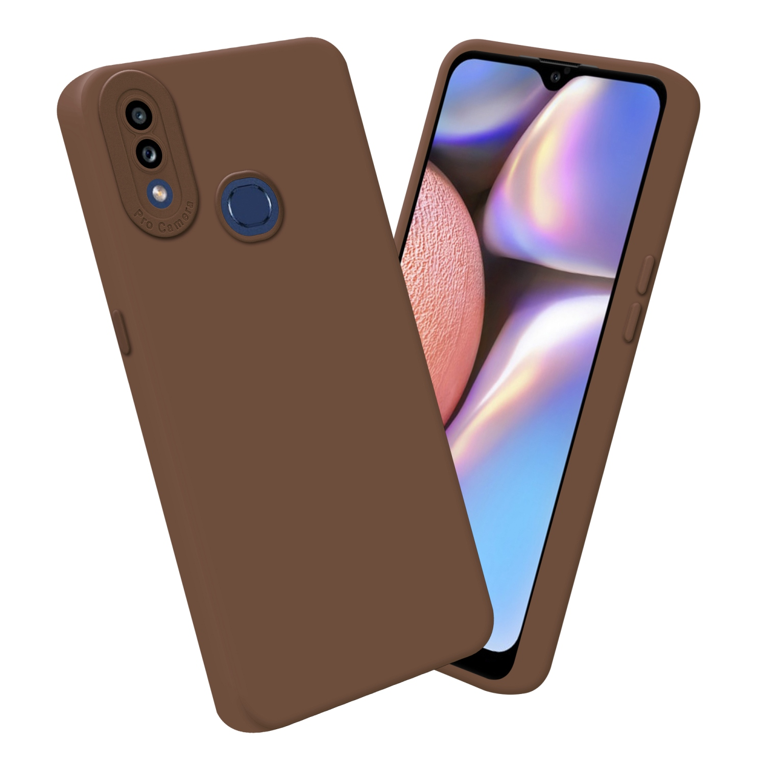 Custodia marrone per telefono con telefono all'interno. Lo schermo del telefono mostra un design rosa.