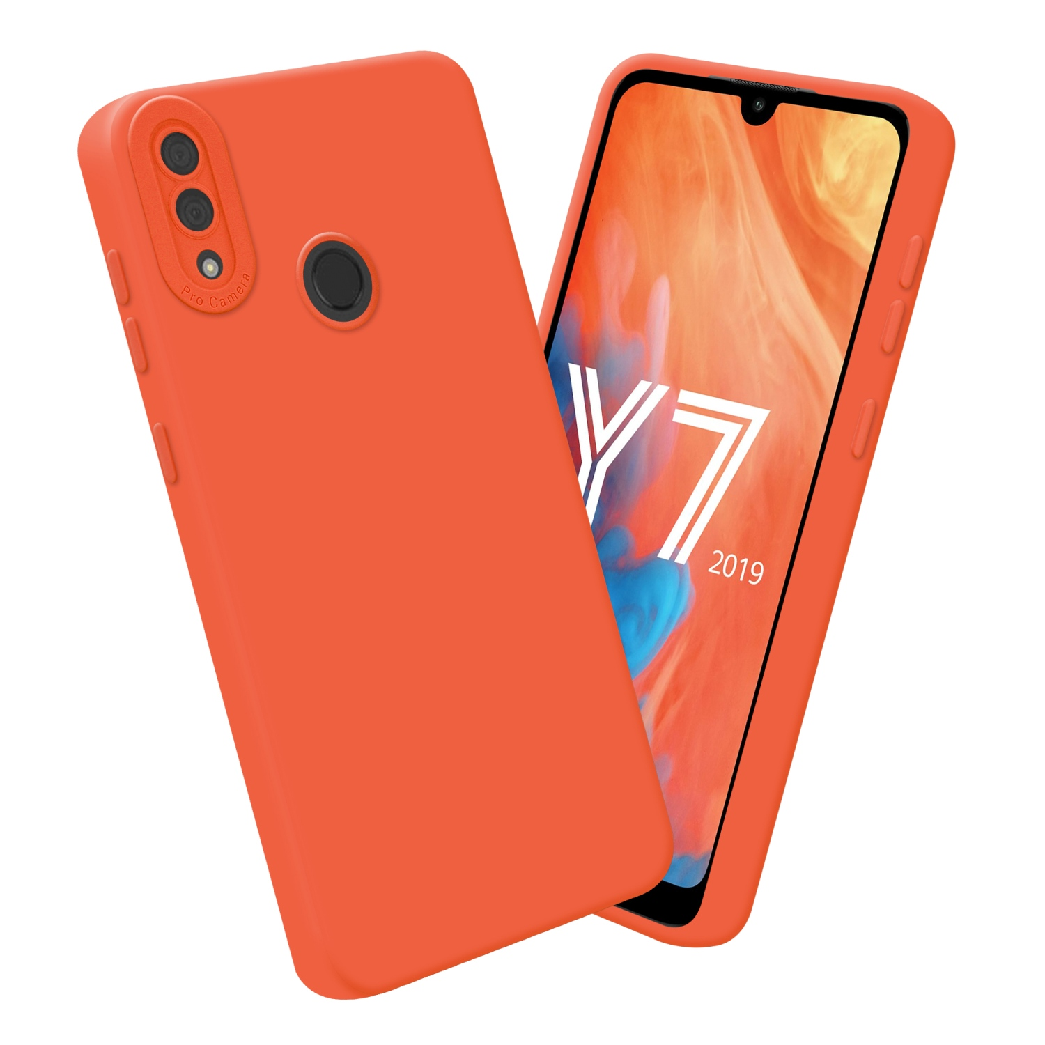 Deux coques de téléphone oranges, l'une affichant un écran avec fond blanc et mots.