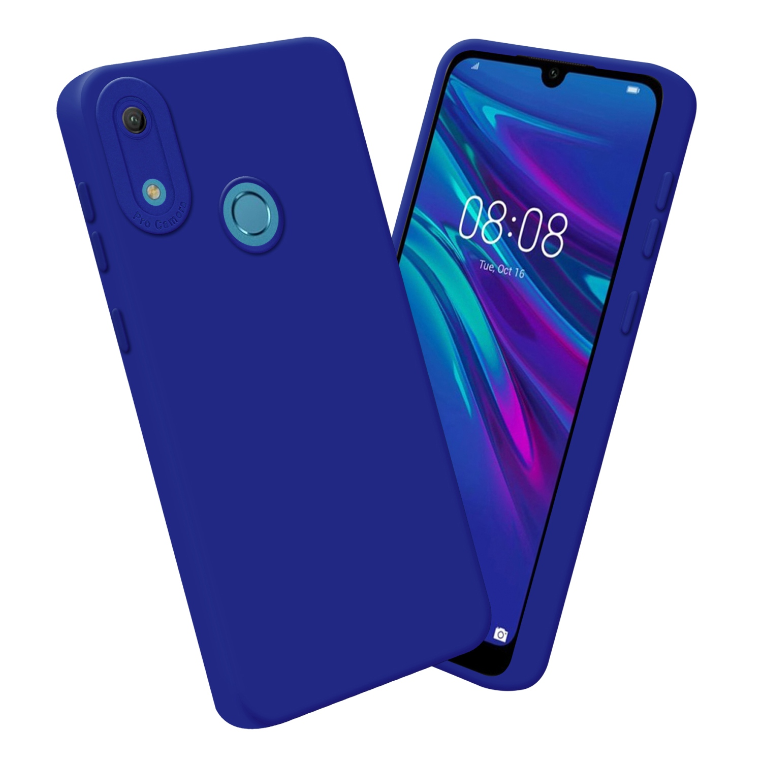 Coque et téléphone bleus, tous deux avec des coins arrondis. Heure 08:08 Mar, 16 oct visible.