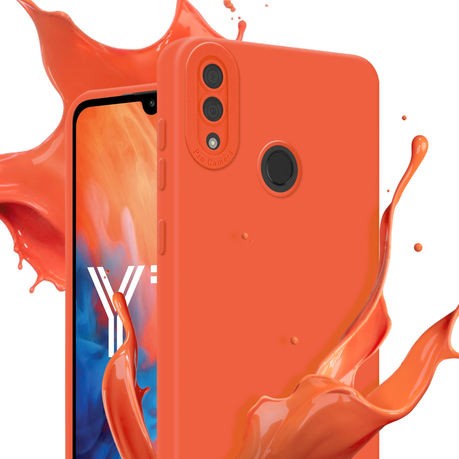 Un étui de téléphone orange et un téléphone avec des éclaboussures oranges.
