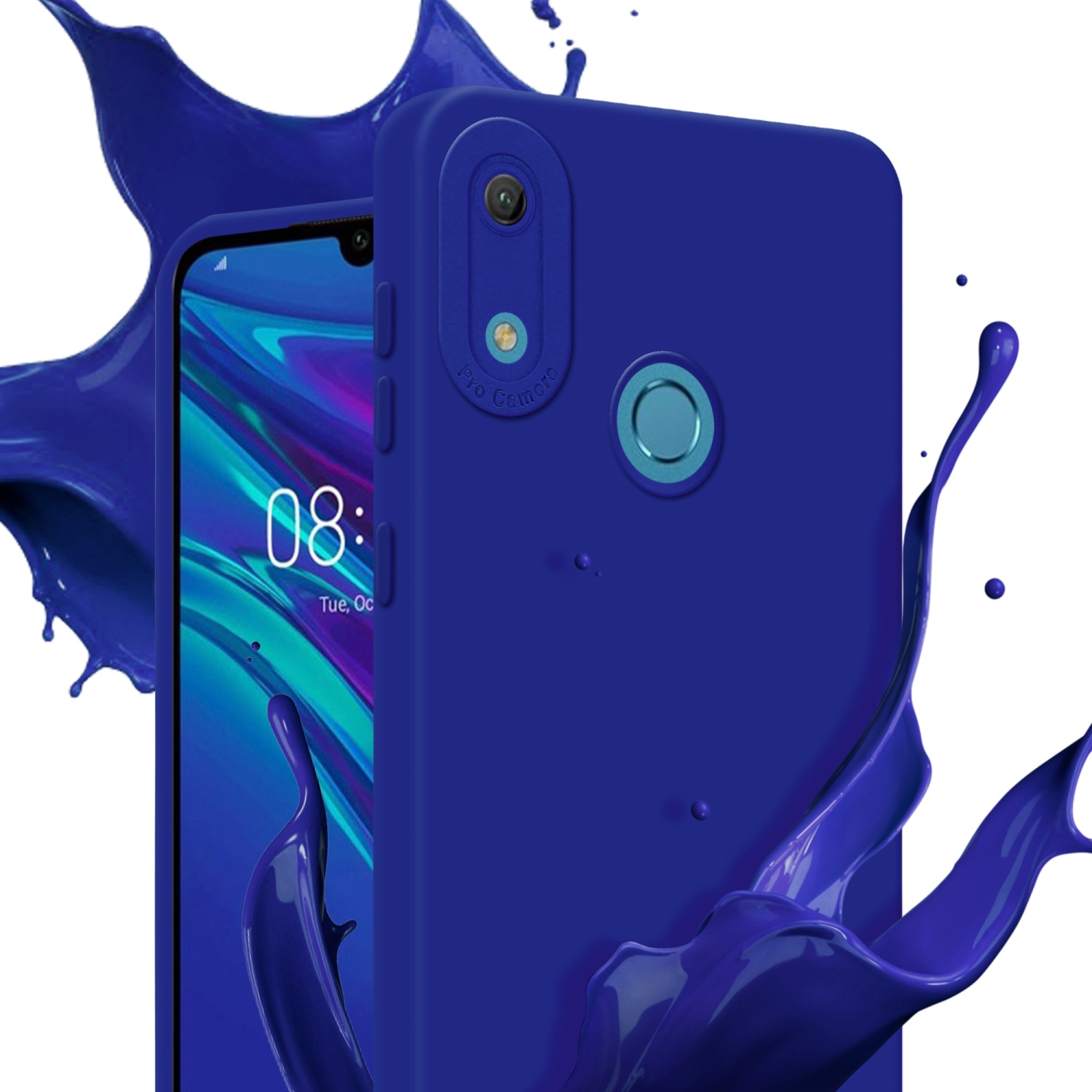 Coque bleu foncé avec caméra. L'écran affiche l'heure et la date.