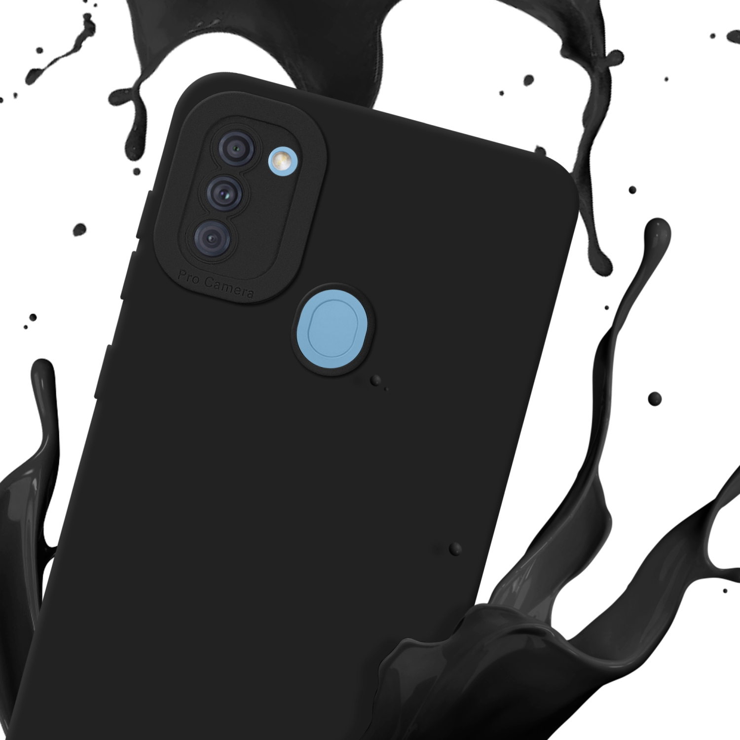 Una custodia nera con tre fotocamere. Spruzzi di liquido nero intorno alla custodia.