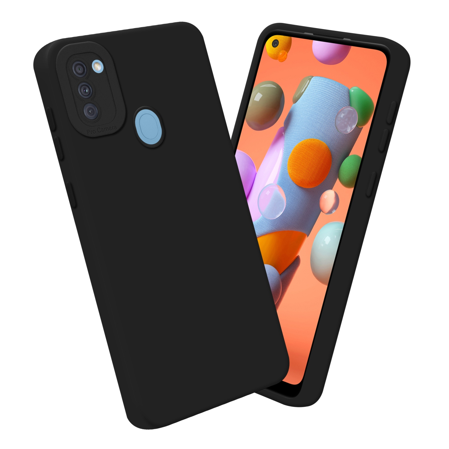 Custodia nera con telefono con display. Lo sfondo è bianco.