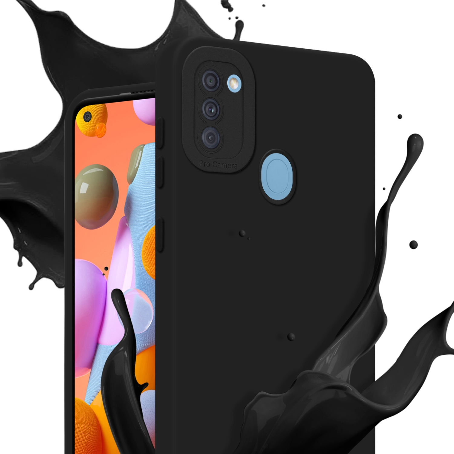 Custodia nera con telefono. Schizzo di liquido nero attorno.