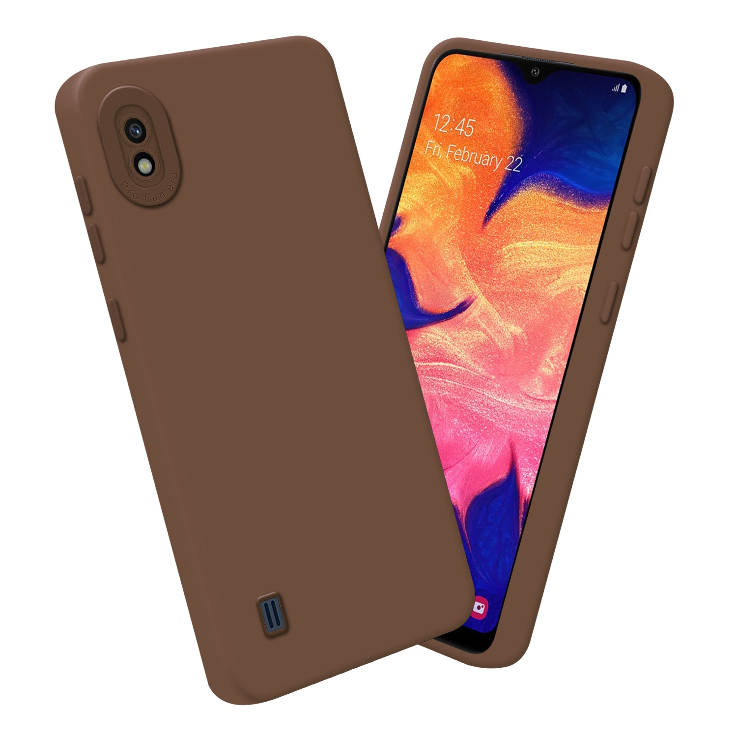 Custodia marrone con due fotocamere e telefono con data e ora.