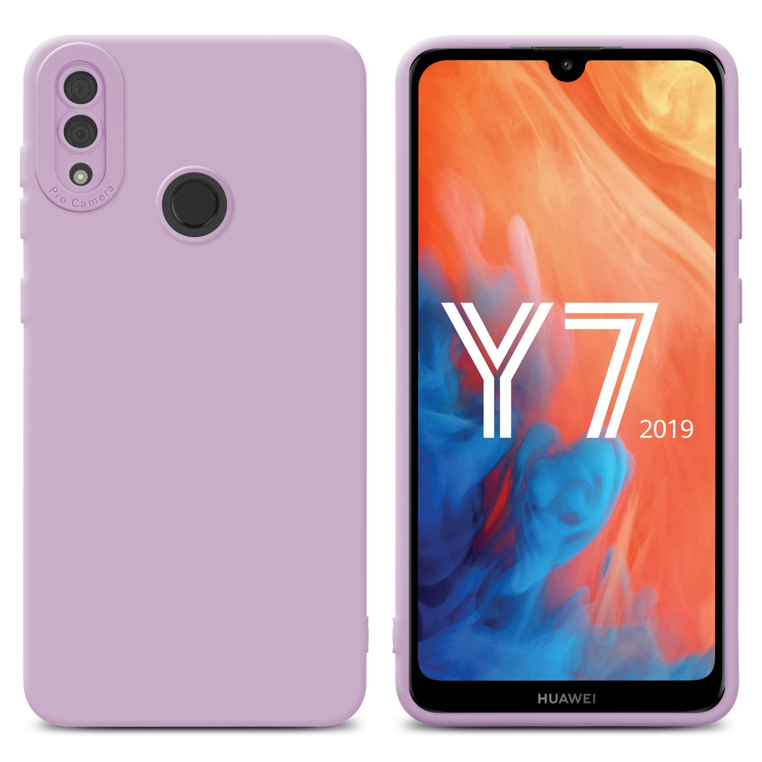 Custodia viola e schermo che mostra Y7 2019.