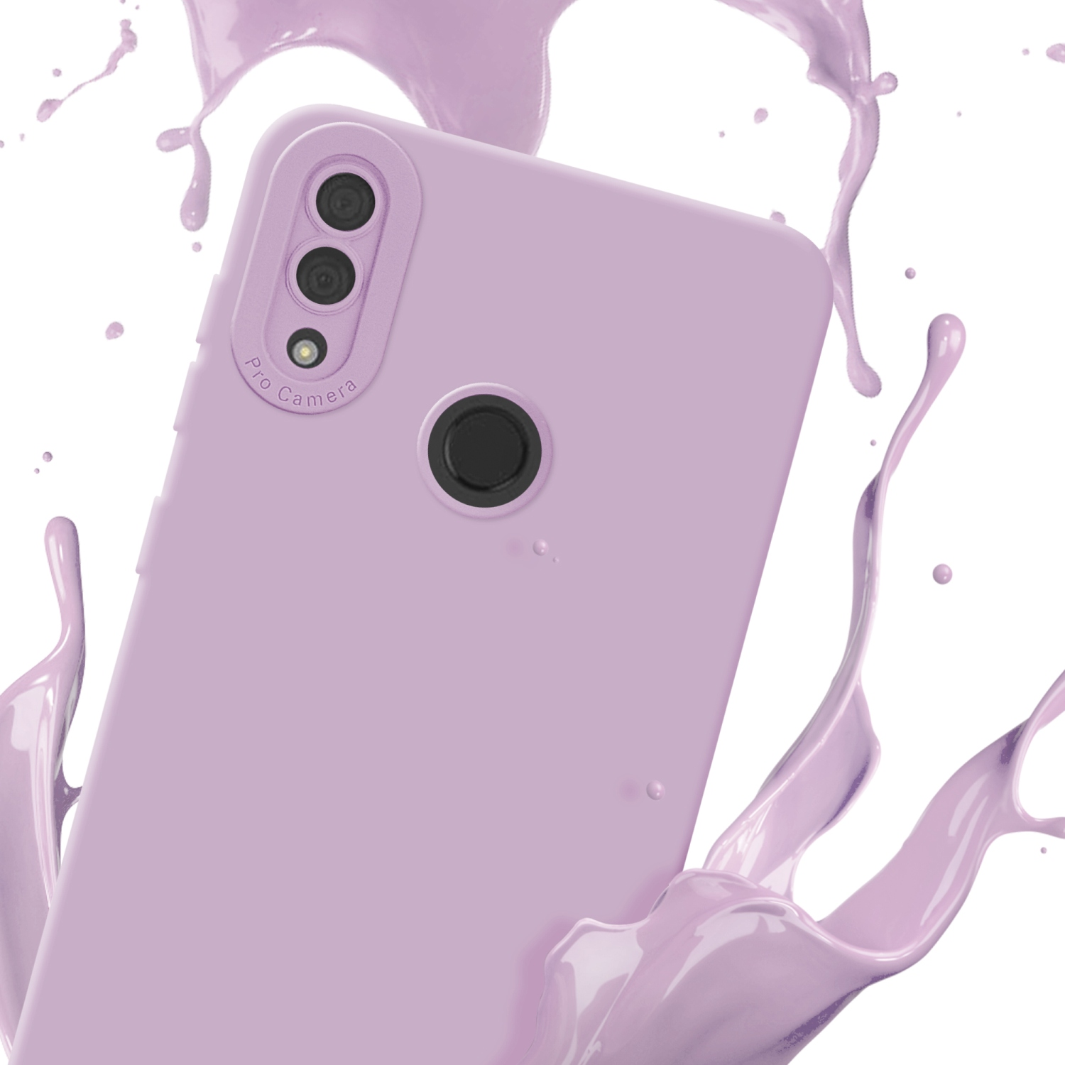 Custodia viola con schizzo di vernice. Telefono con più fotocamere e lente nera.