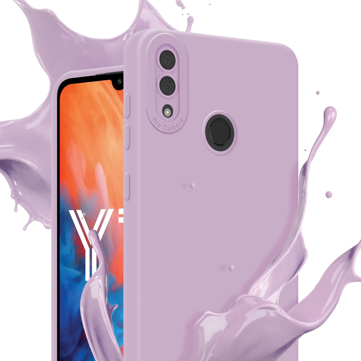 Una custodia per telefono viola con un telefono. Schizzo di vernice viola in primo piano.