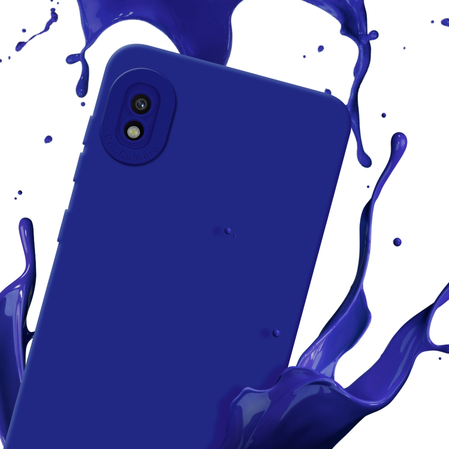 Una custodia per telefono blu con uno schizzo di vernice blu.