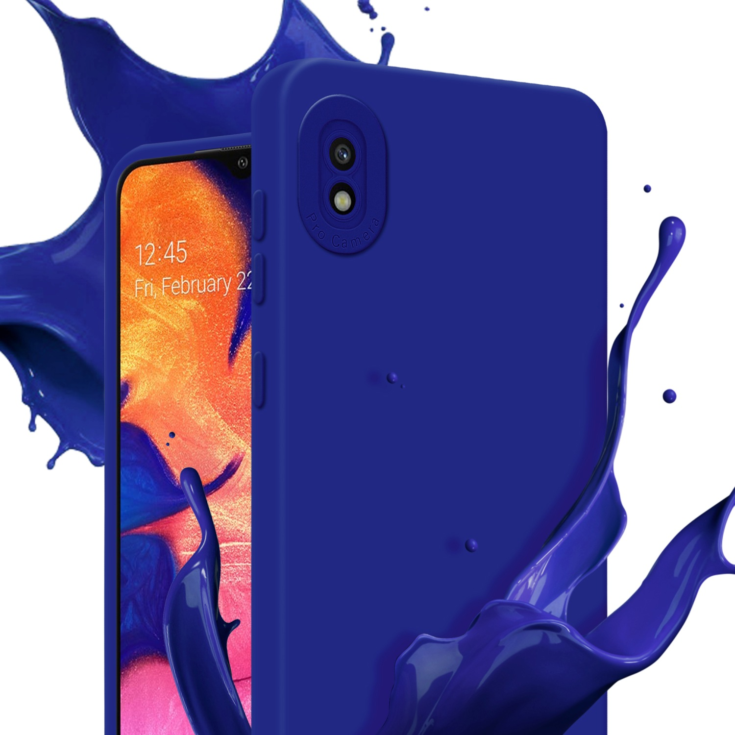 Una custodia blu con schermo del telefono e arte di spruzzi di liquido blu.