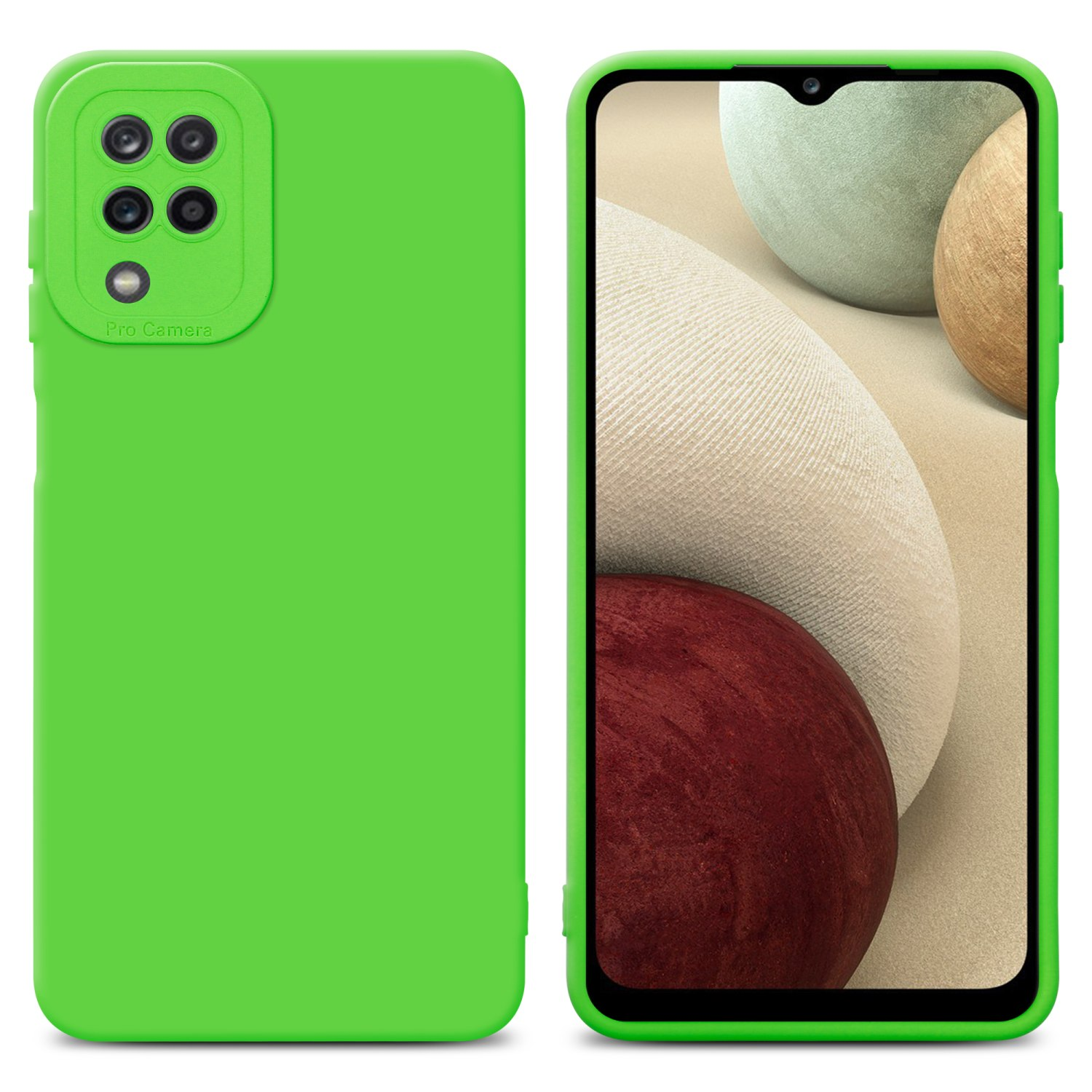 Custodia verde e telefono con schermo. Sfondo con forme astratte.