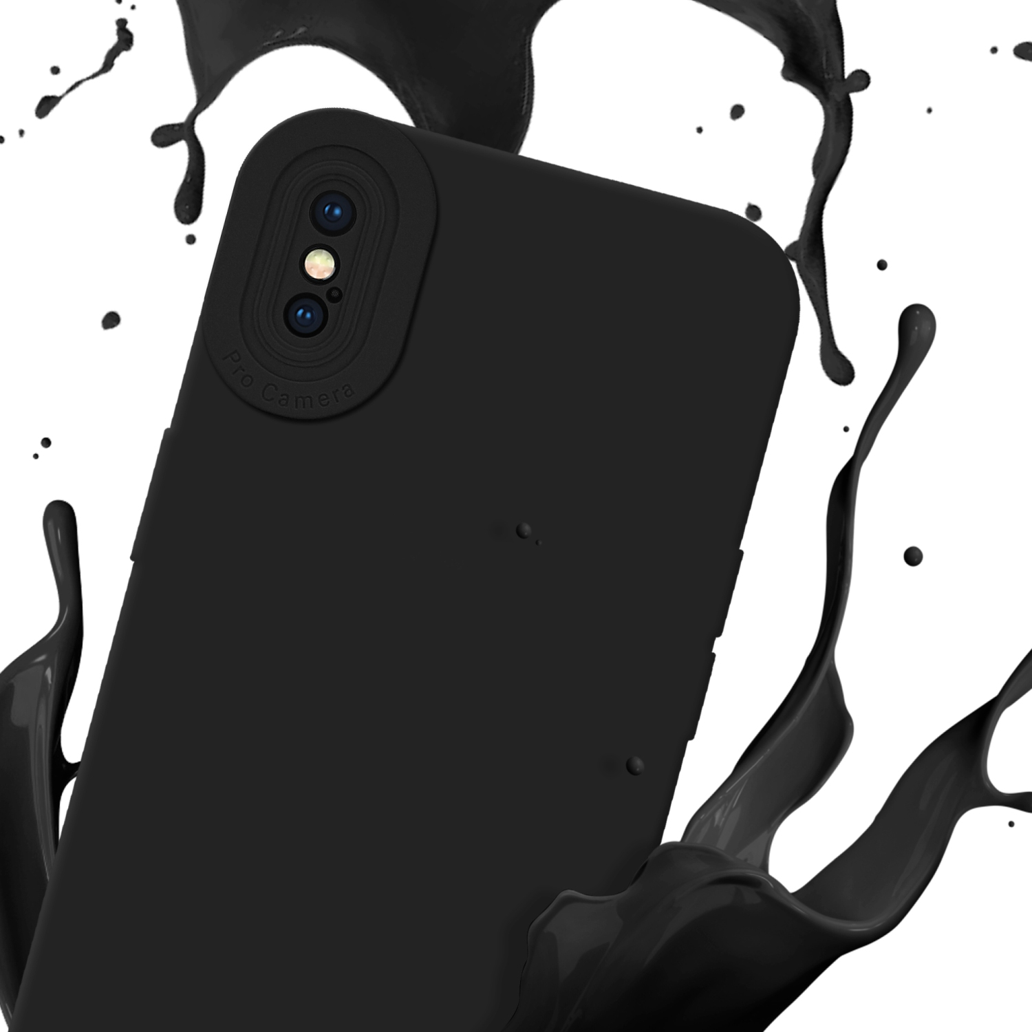 Custodia per telefono nera con telefono. Schizzo di vernice nera dietro il telefono.