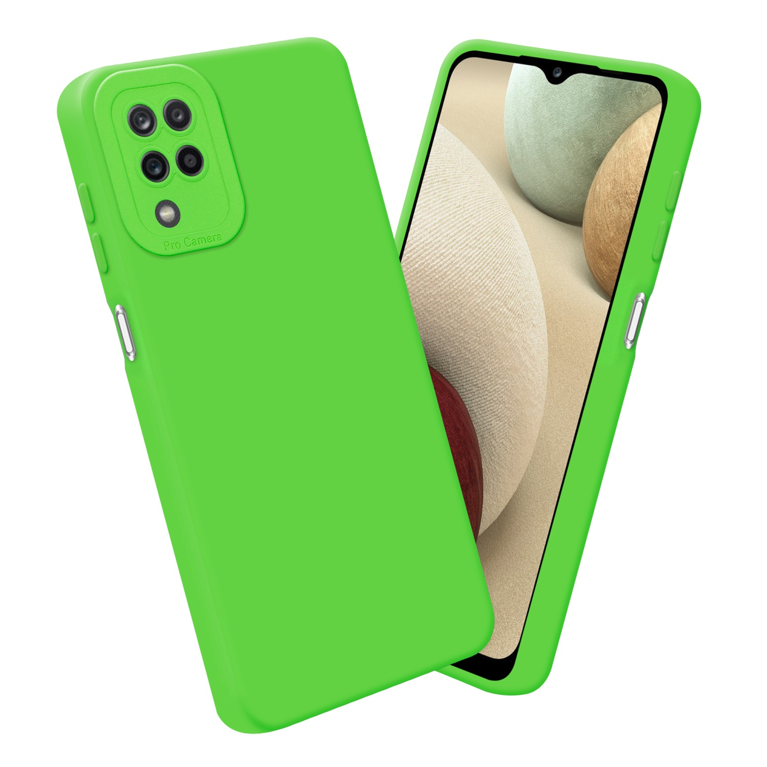 Custodia verde e telefono con schermo con bolle e sfondo colorati.