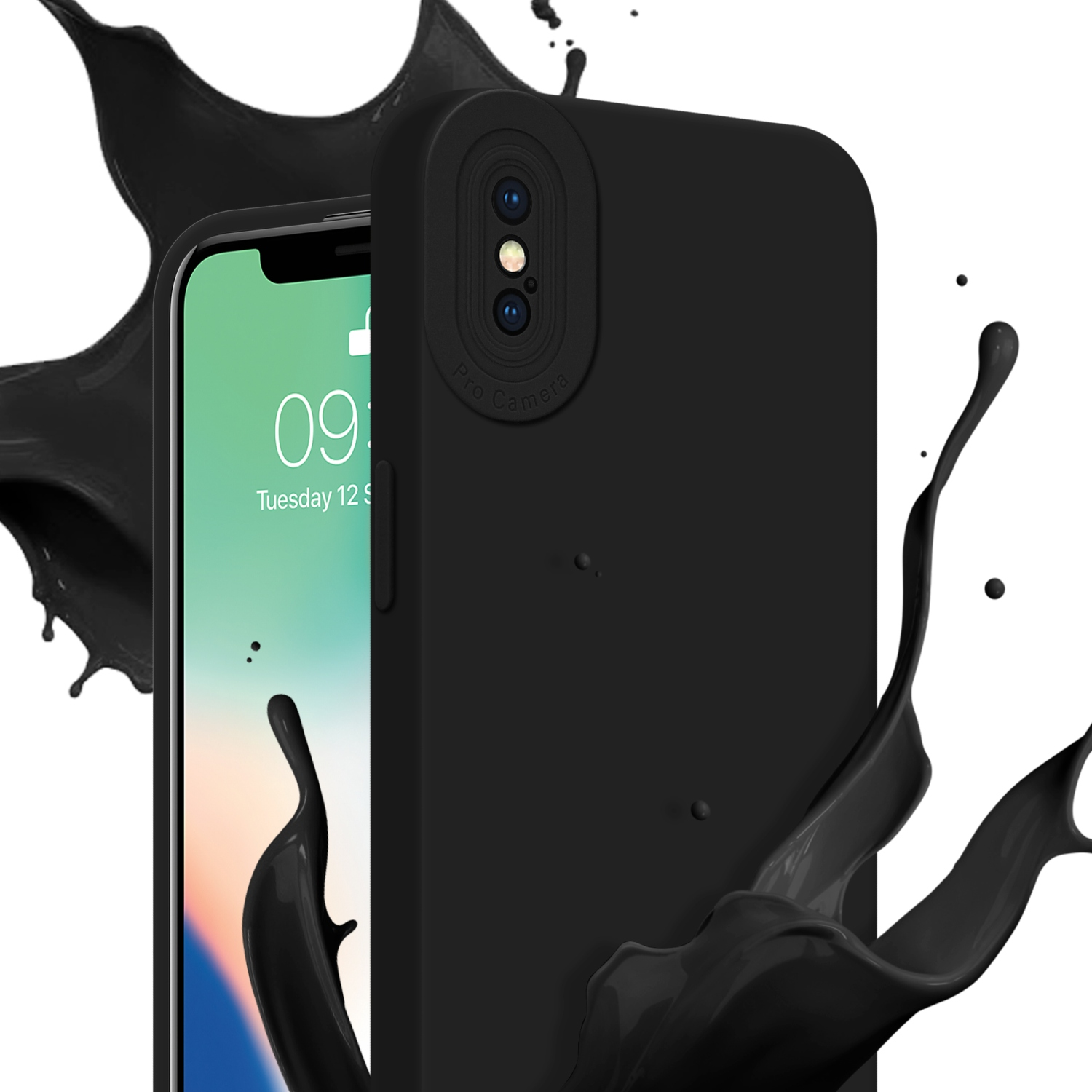 Custodia per telefono nera con telefono che mostra uno schermo. Schizzi di vernice nera su sfondo bianco.