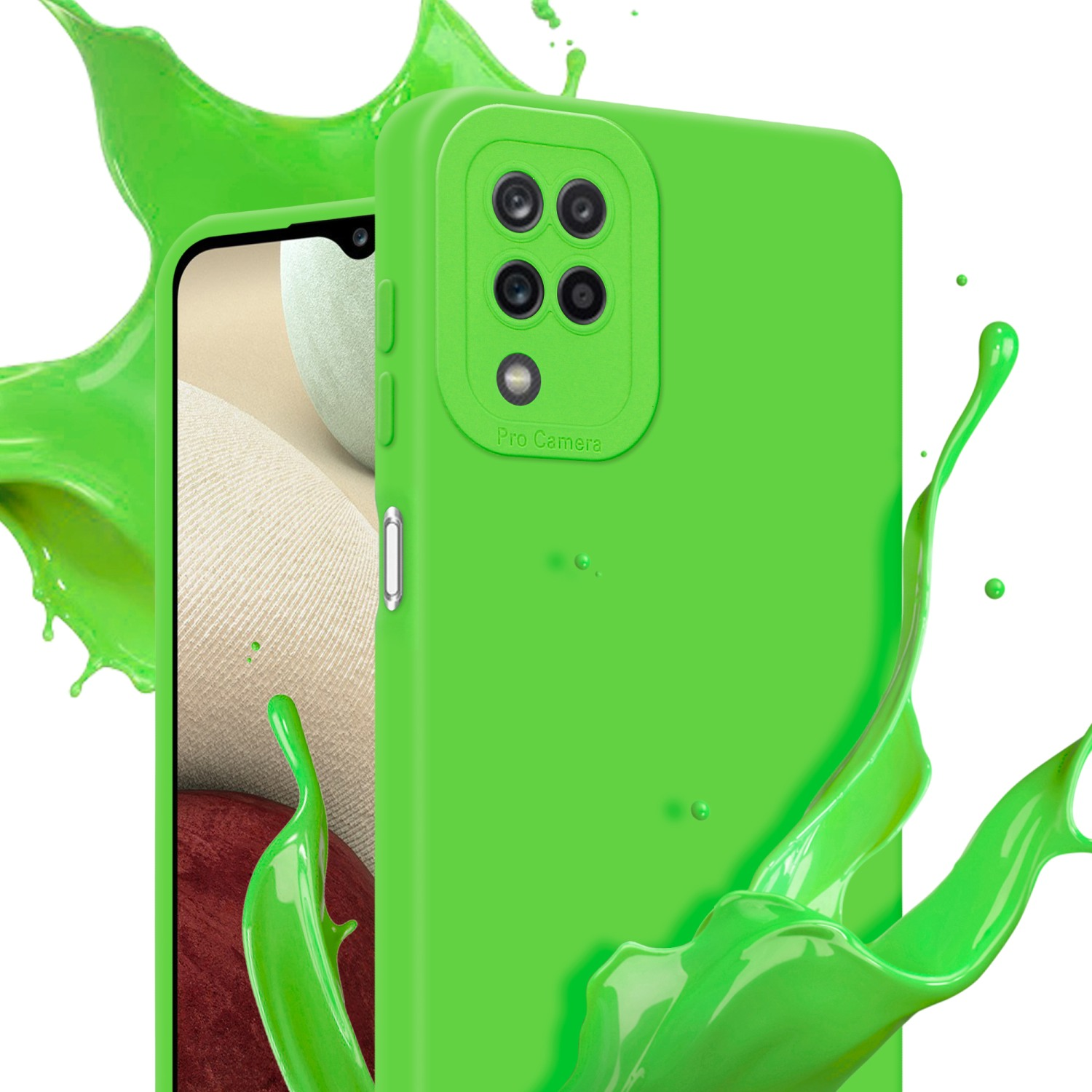 Una custodia verde con schizzi di vernice intorno. Parte del telefono è visibile.
