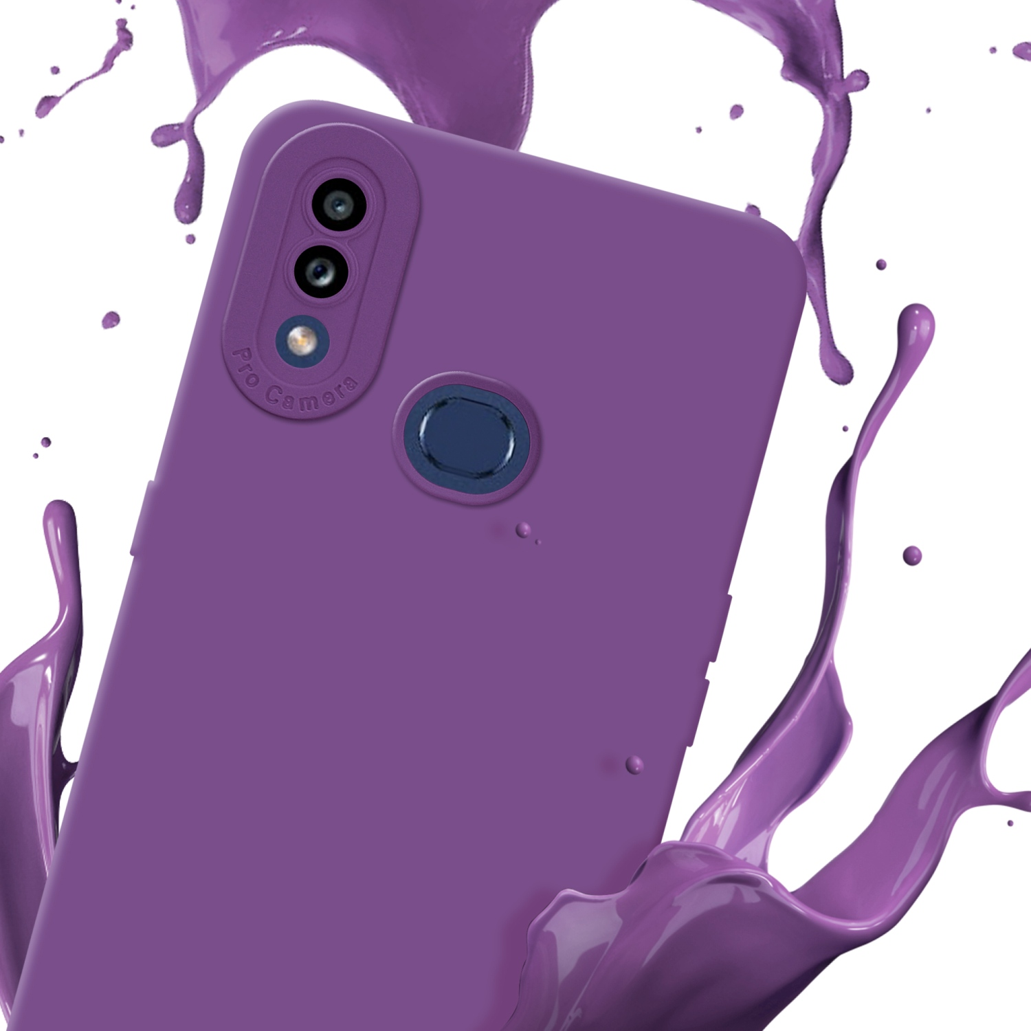 Una custodia viola e schizzi di vernice viola attorno al telefono.
