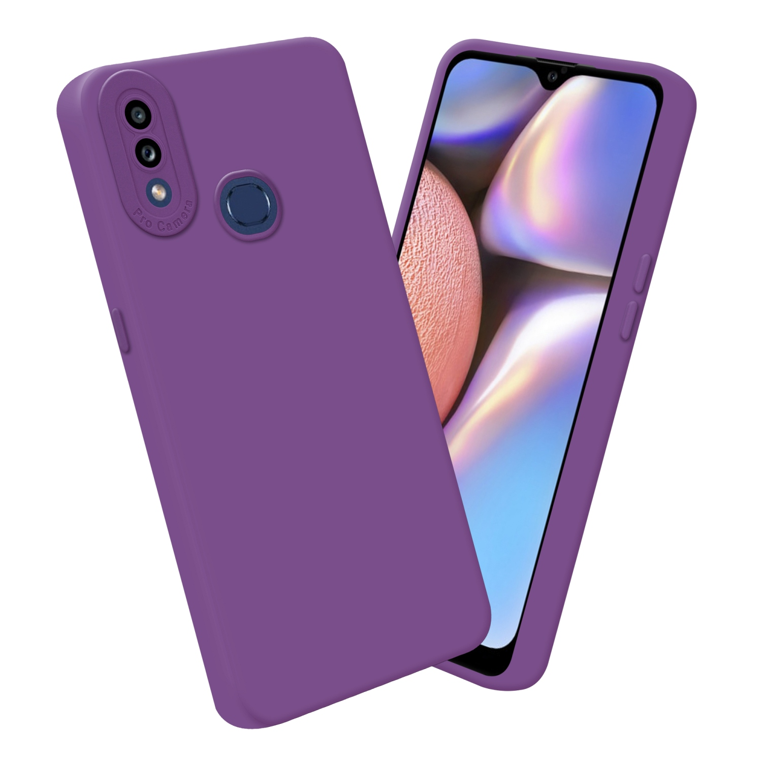 Due custodie viola per telefono con un telefono all'interno. Uno è angolato, l'altro piatto.