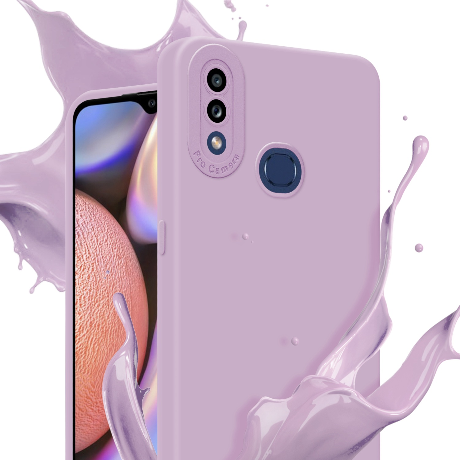 Custodia viola per telefono con telefono che mostra colori astratti. Schizzi di vernice viola.
