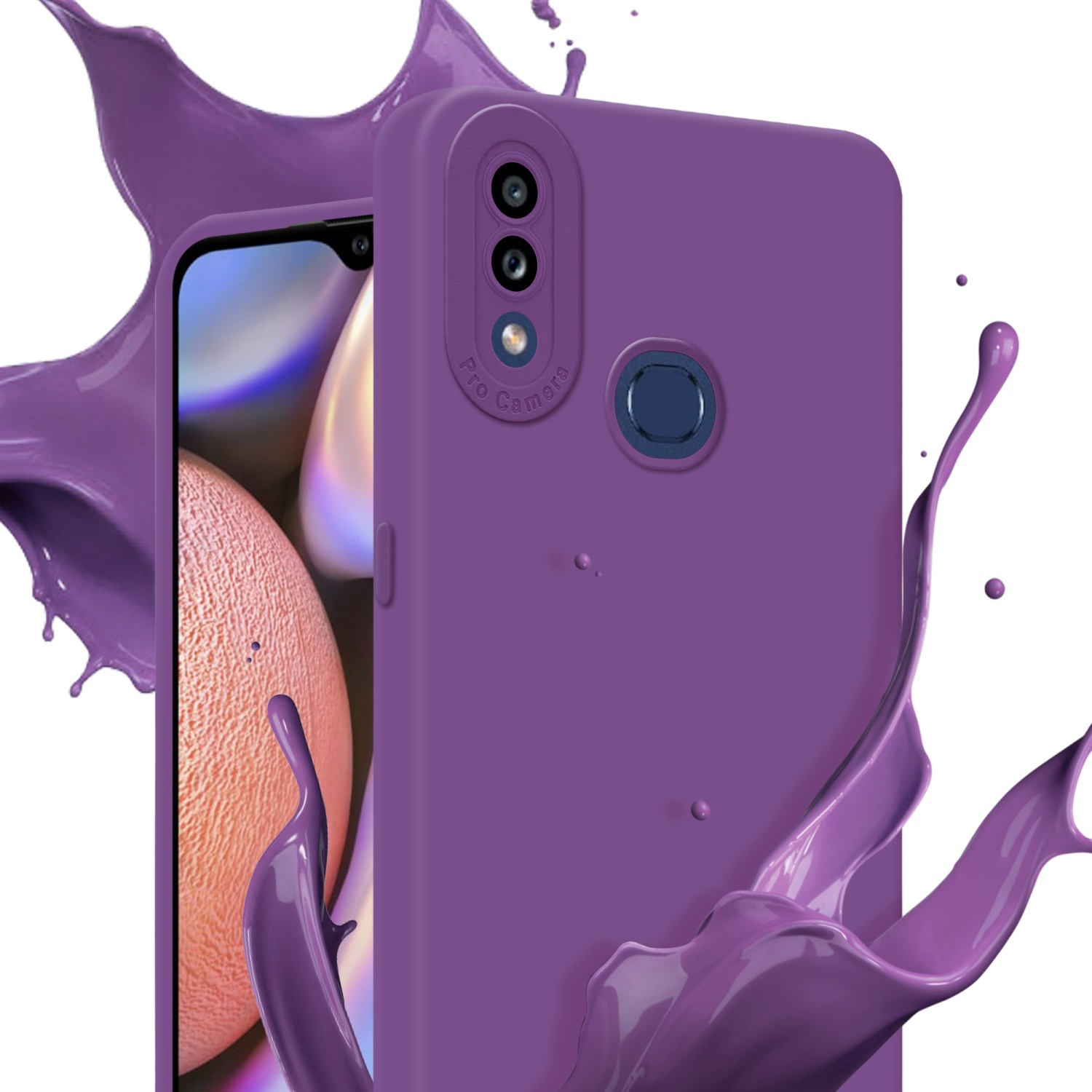Custodia viola con telefono. Schizzo di vernice viola sullo sfondo.