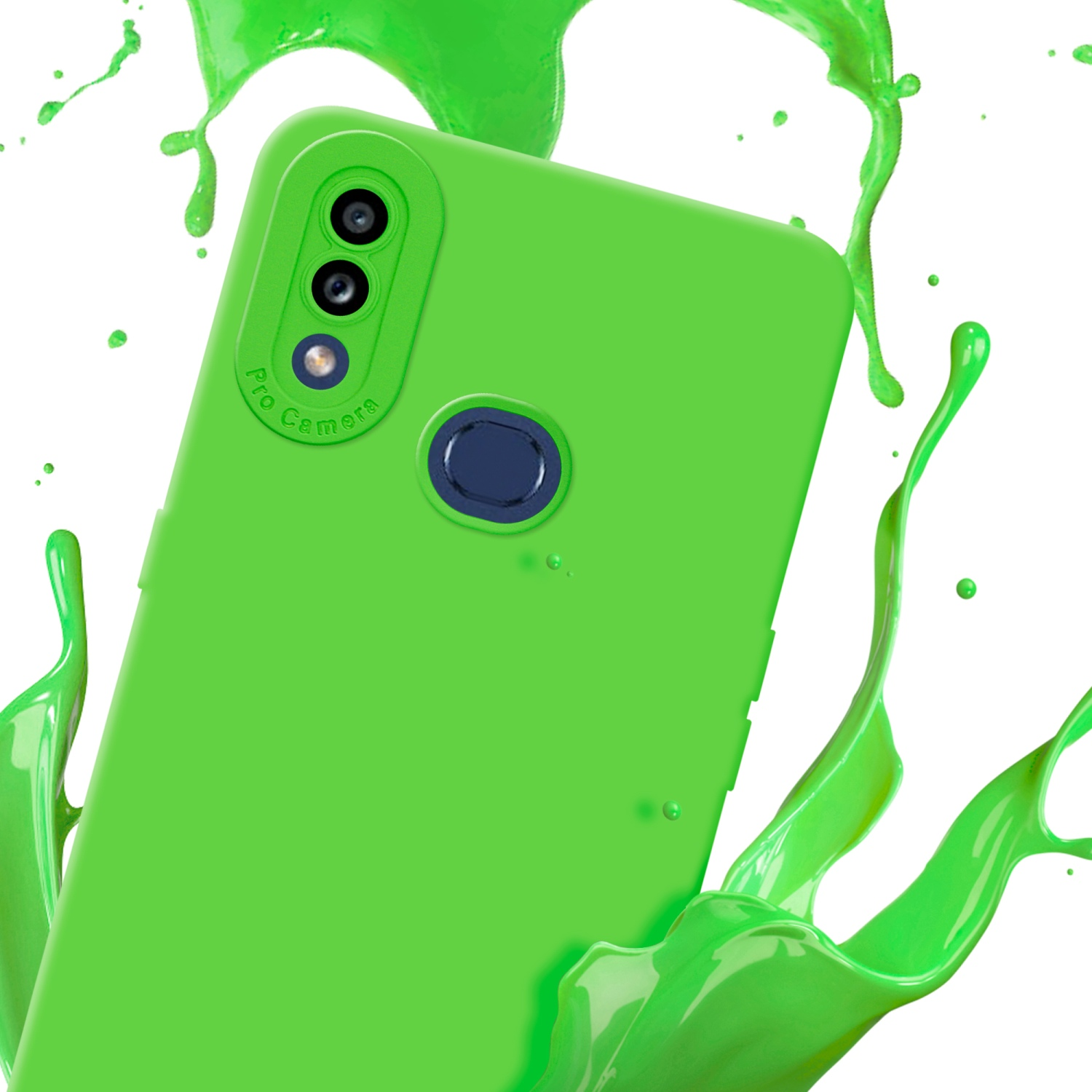 Custodia verde e telefono. Schizzo di vernice verde. Sfondo bianco.