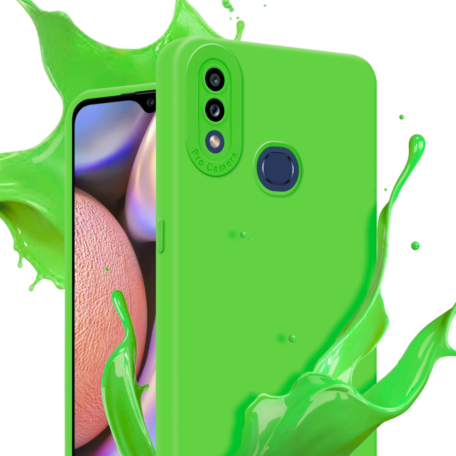 Una custodia verde per telefono con effetto splash. La custodia è angolata.