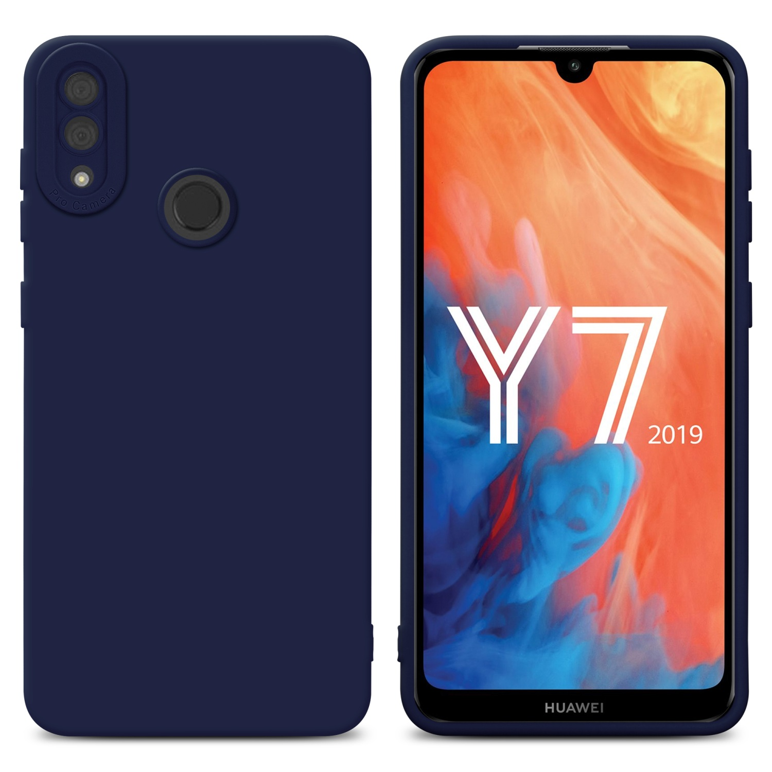 Due custodie blu navy, una mostra lo schermo del telefono con testo bianco 'Y7 2019'.