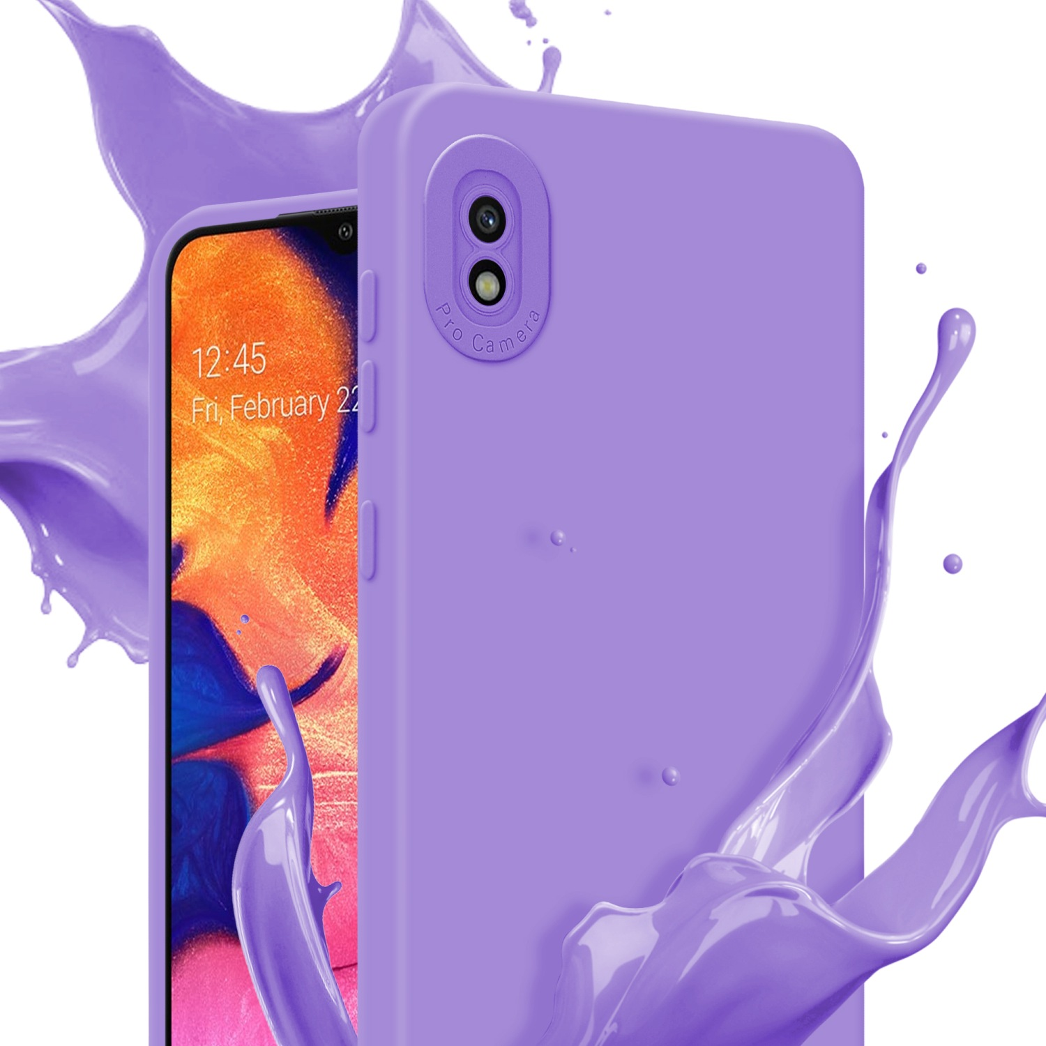 Custodia viola e uno spruzzo di liquido viola sullo schermo del telefono.