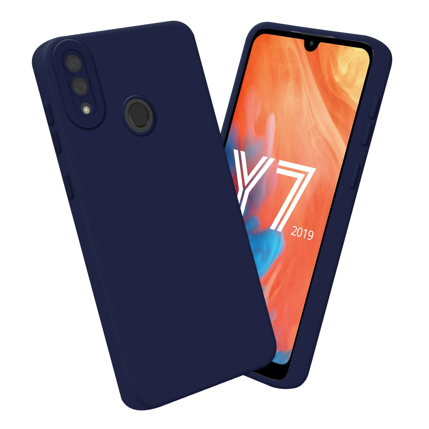 Custodia blu navy e telefono. Il telefono mostra il logo Y7 2019 sullo schermo.
