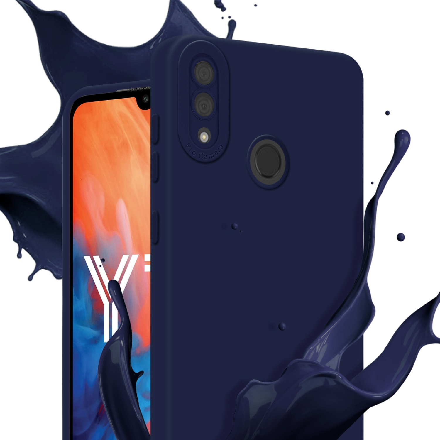 Custodia blu scuro per telefono con schizzo di vernice blu scuro su sfondo bianco e un telefono.