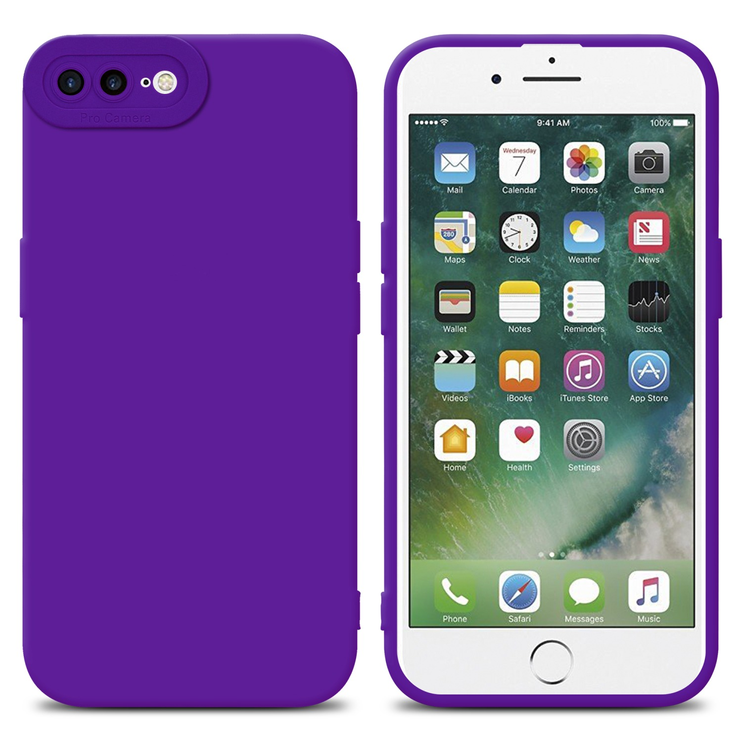 Custodia e telefono viola. Schermo con icone delle app. Sfondo bianco.