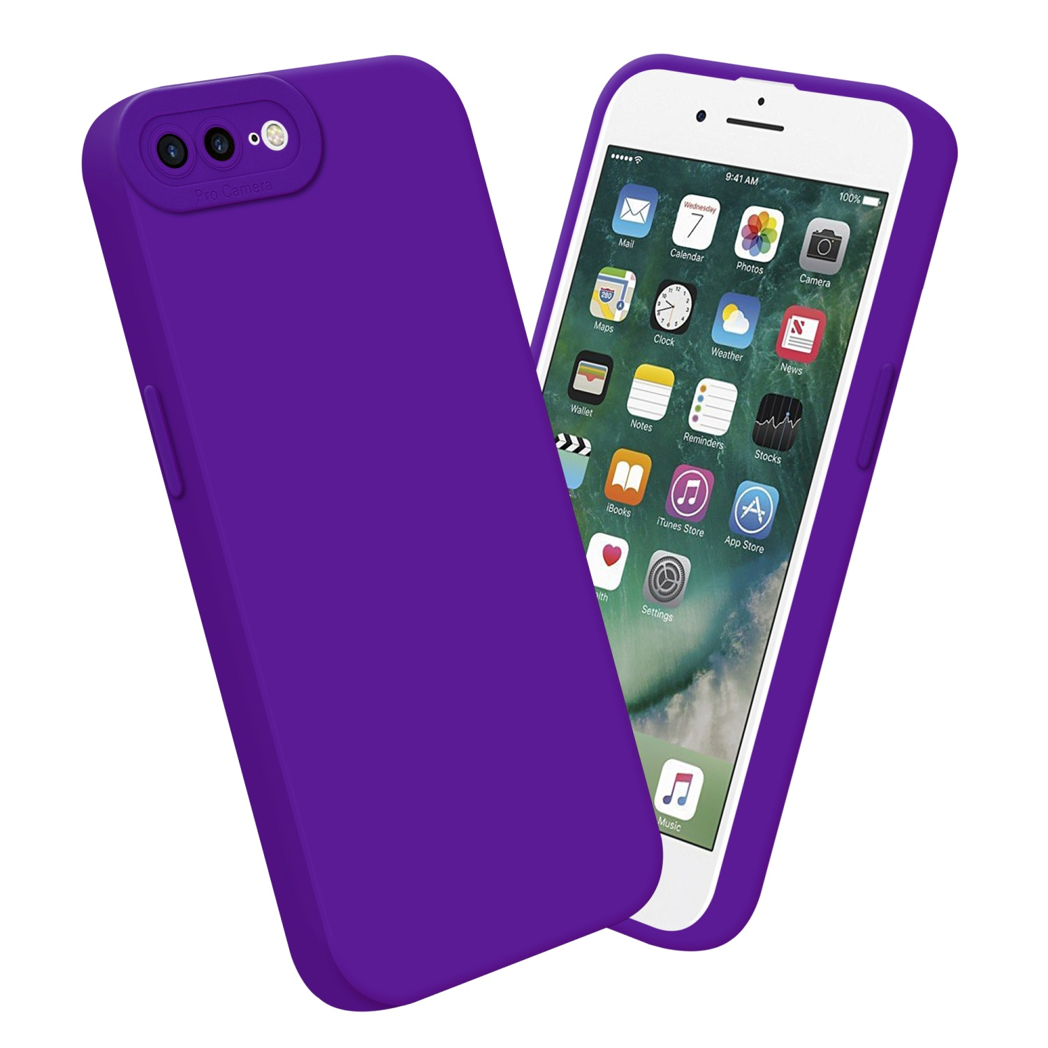 Custodia viola per telefono e telefono. Schermo con icone delle app. Sfondo bianco.