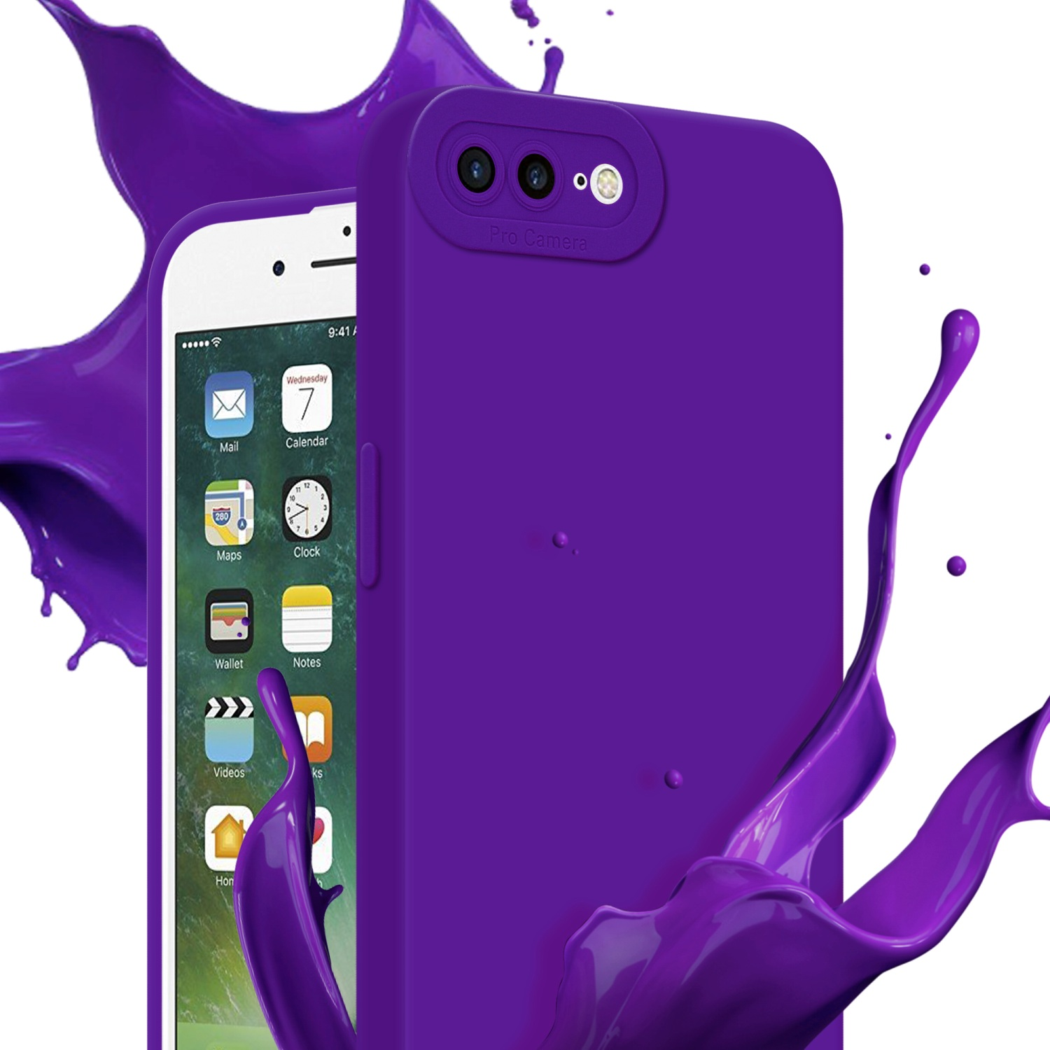 Custodia viola con tre fotocamere, telefono con icone app e schizzo viola.
