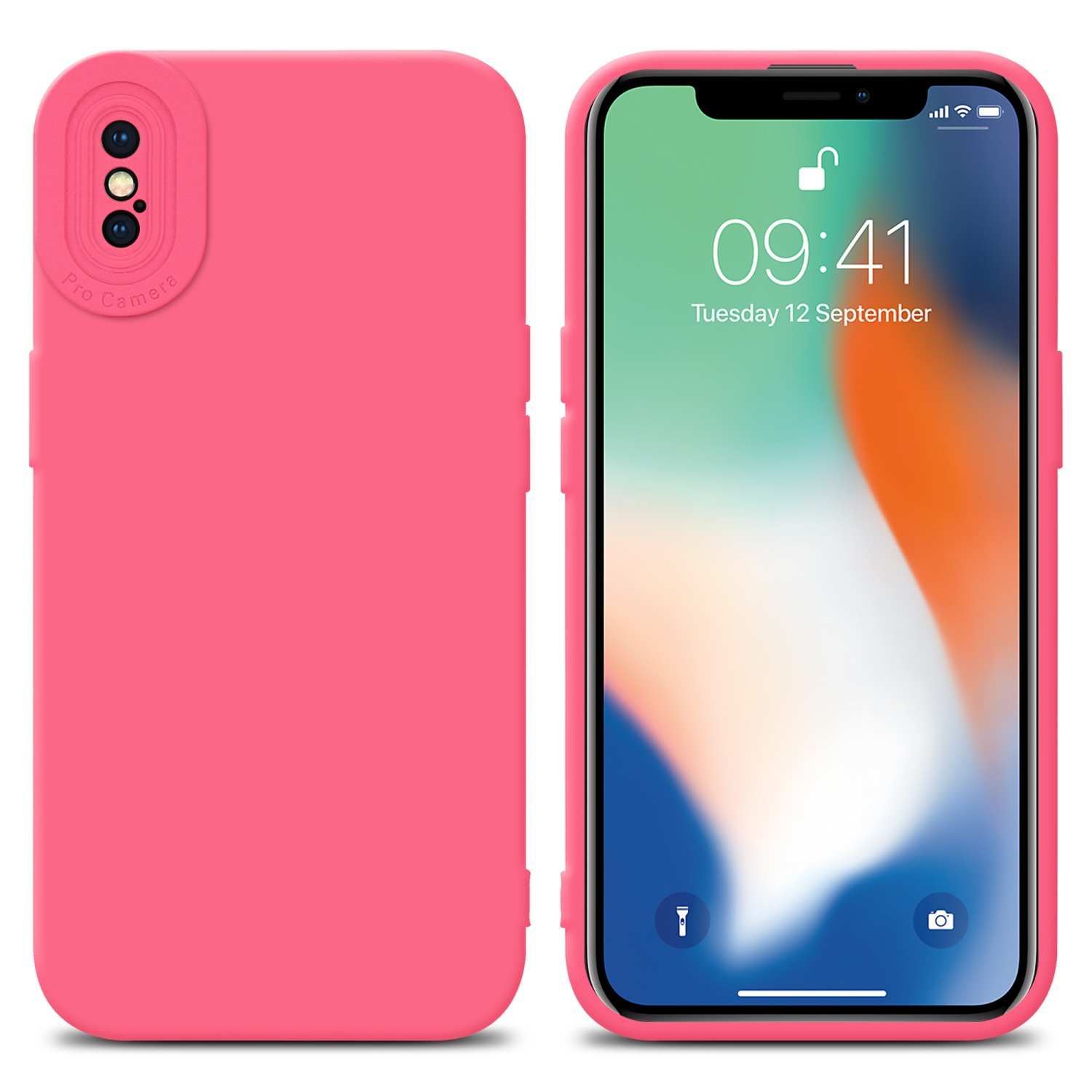 Custodia rosa con schermo del telefono. Lo schermo mostra una data. Sfondo bianco.