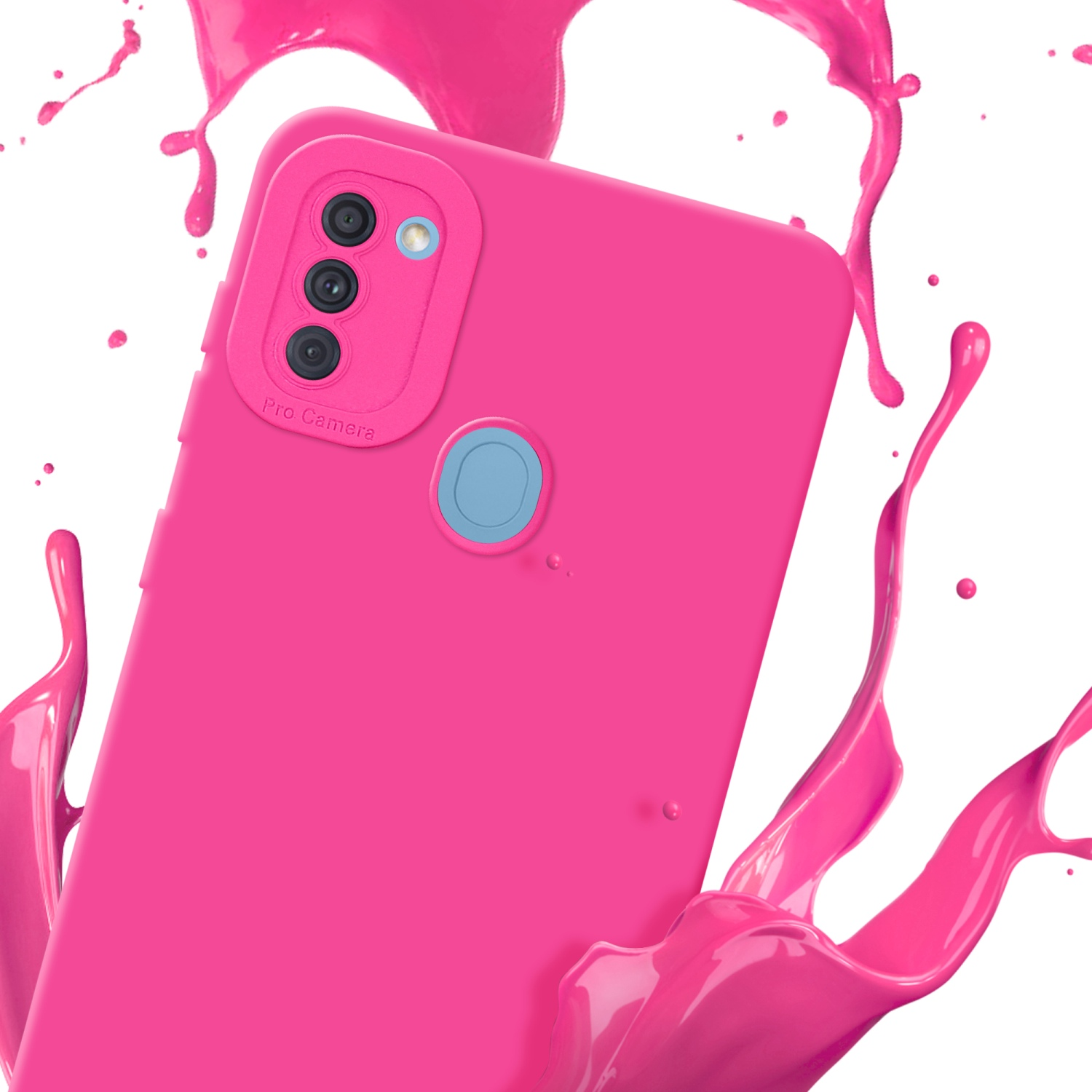 Custodia per telefono rosa con tre fotocamere, con schizzo di vernice rosa su sfondo bianco.