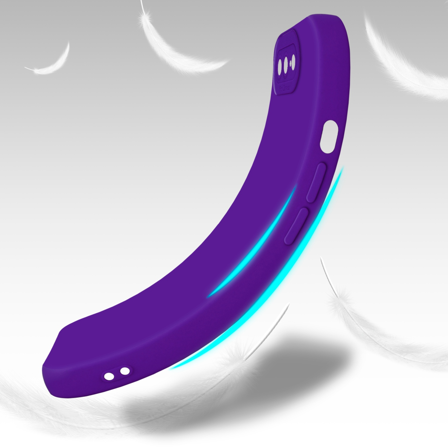 Custodia viola per telefono che fluttua in aria. Piume intorno alla custodia. Ha un rilievo per la fotocamera.