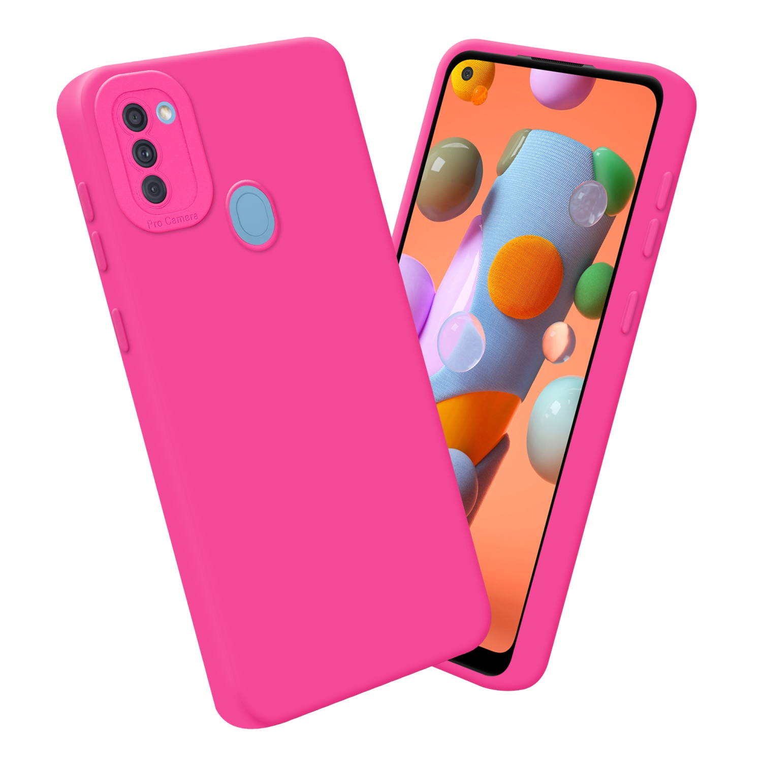 Due custodie magenta, una con schermo che mostra forme colorate. Entrambe hanno fotocamere.