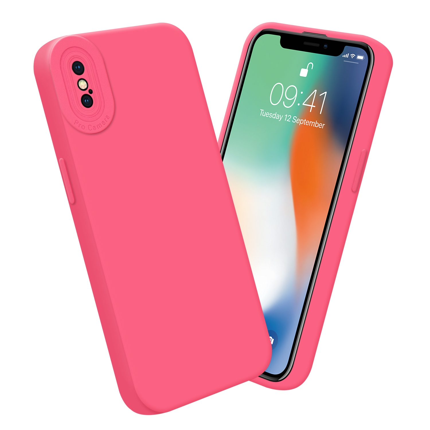 Custodia rosa. Lo schermo del telefono è acceso. Sfondo bianco.